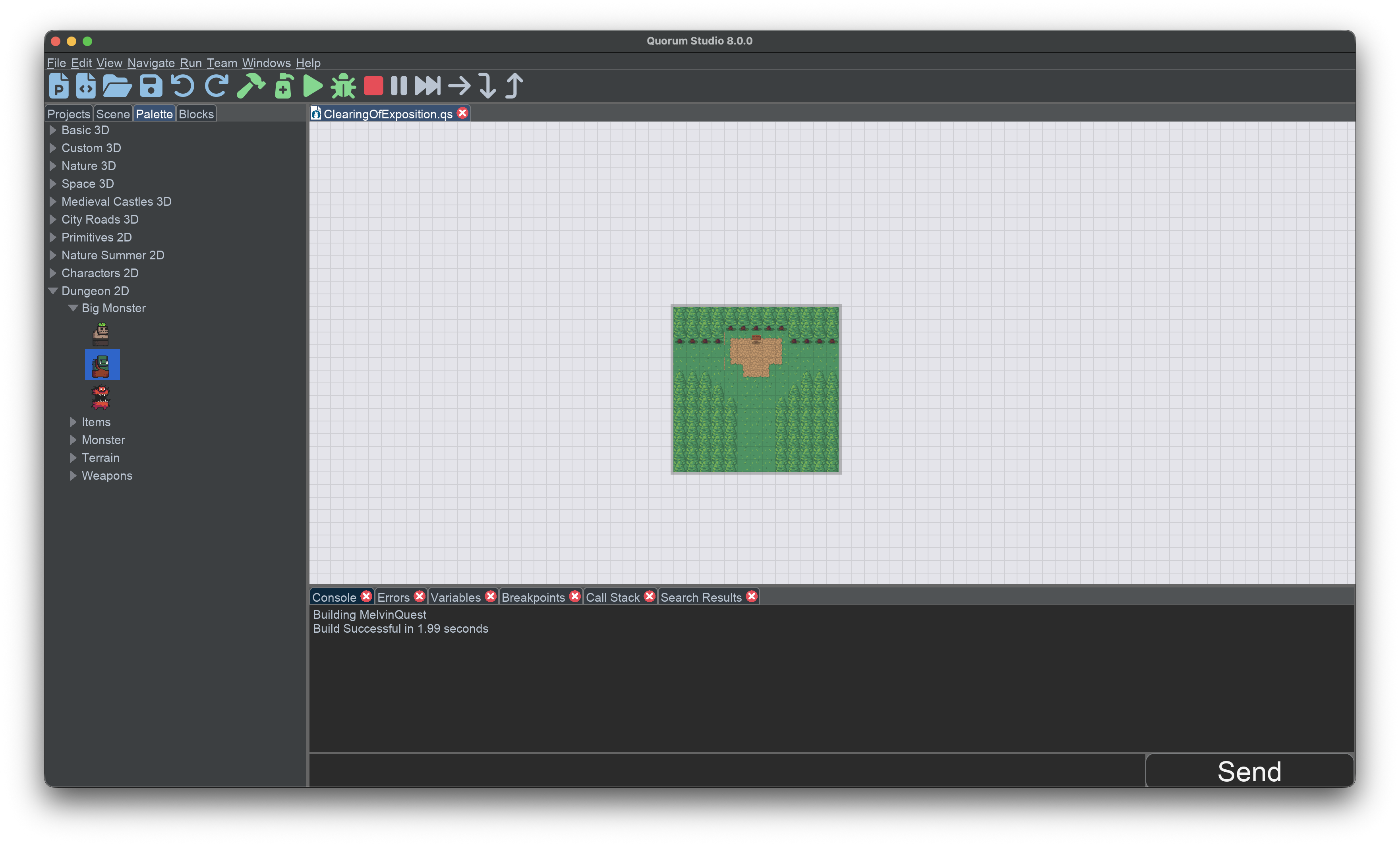 This is an image of the 2D grid in Quorum Studio. It shows a series of vertical and horizontal lines,
 each separated by 32 pixels by default. In the center of this grid is the view of the camera. A green layout
is in this image to represent grass in a game.