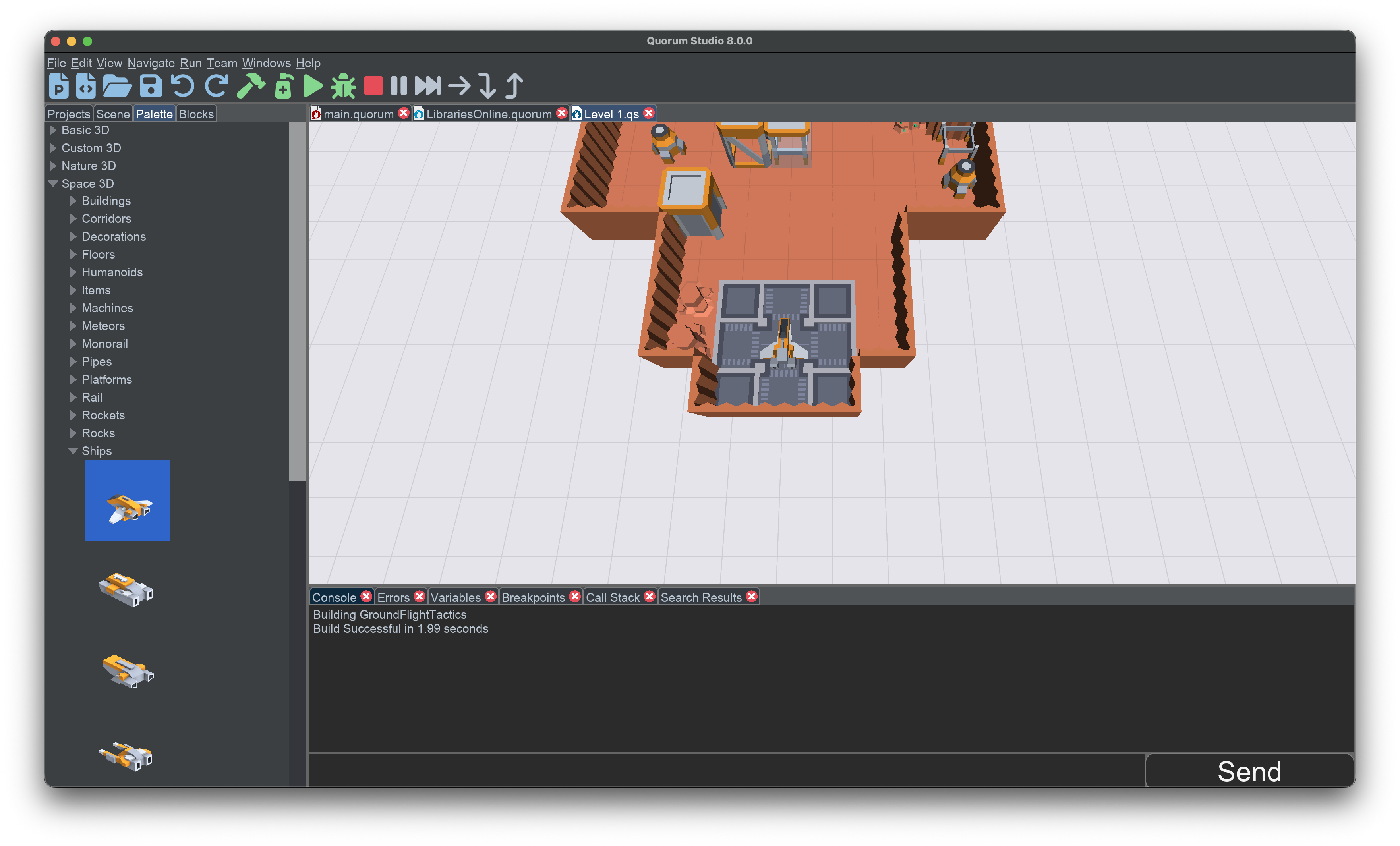 This is an image of the 3D grid in 
Quorum Studio. It shows walls and a spaceship. The camera is pointed at the spaceship from above at an angle. For the grid, there are a series of lines extending to infinity on the x and z axis, forming a plane. 