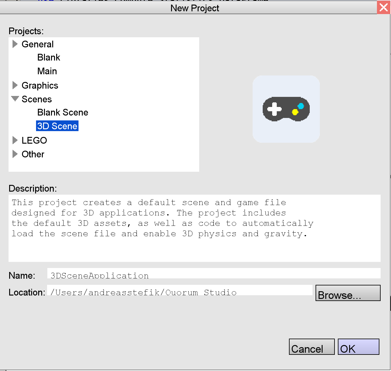 This image is the new project window. It contains a tree of possible new projects, such as a blank project, various kinds of graphical projects, and others. This highlights Scenes -> 3D Scene project. 
            Below is a description of the type of project selected, then a Name blank, save location line, Browse Button, Cancel Button, and Ok Button.