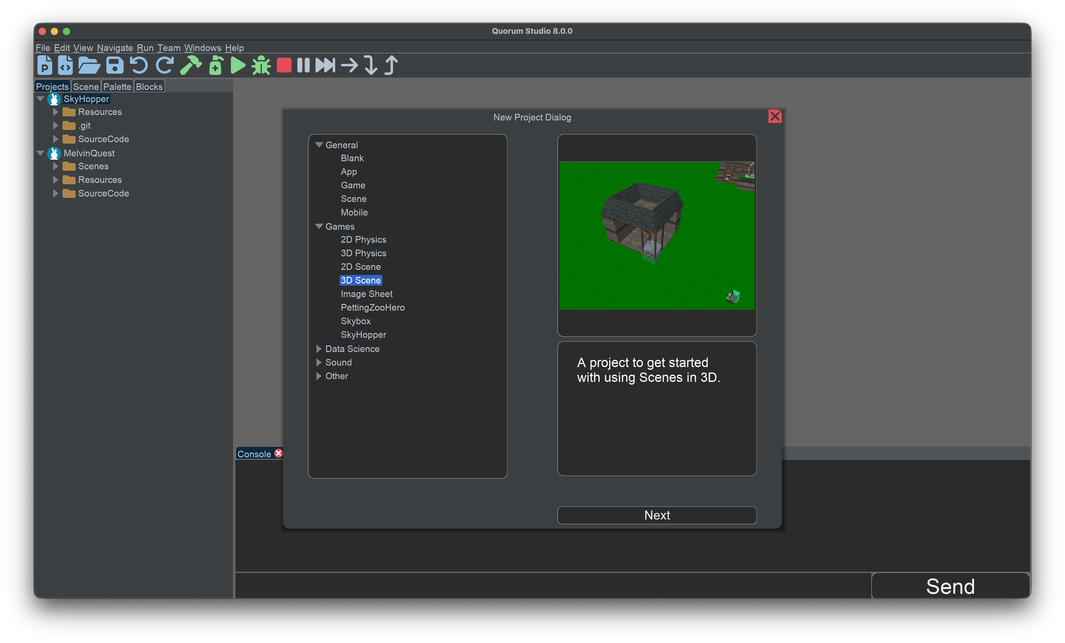 This image is the new project window. It contains a tree of possible new projects, such as a blank project, various kinds of graphical projects, and others. This highlights Scenes -> 3D Scene project.
Below is a description of the type of project selected, then a Name blank, save location line, Browse Button, Cancel Button, and Ok Button.