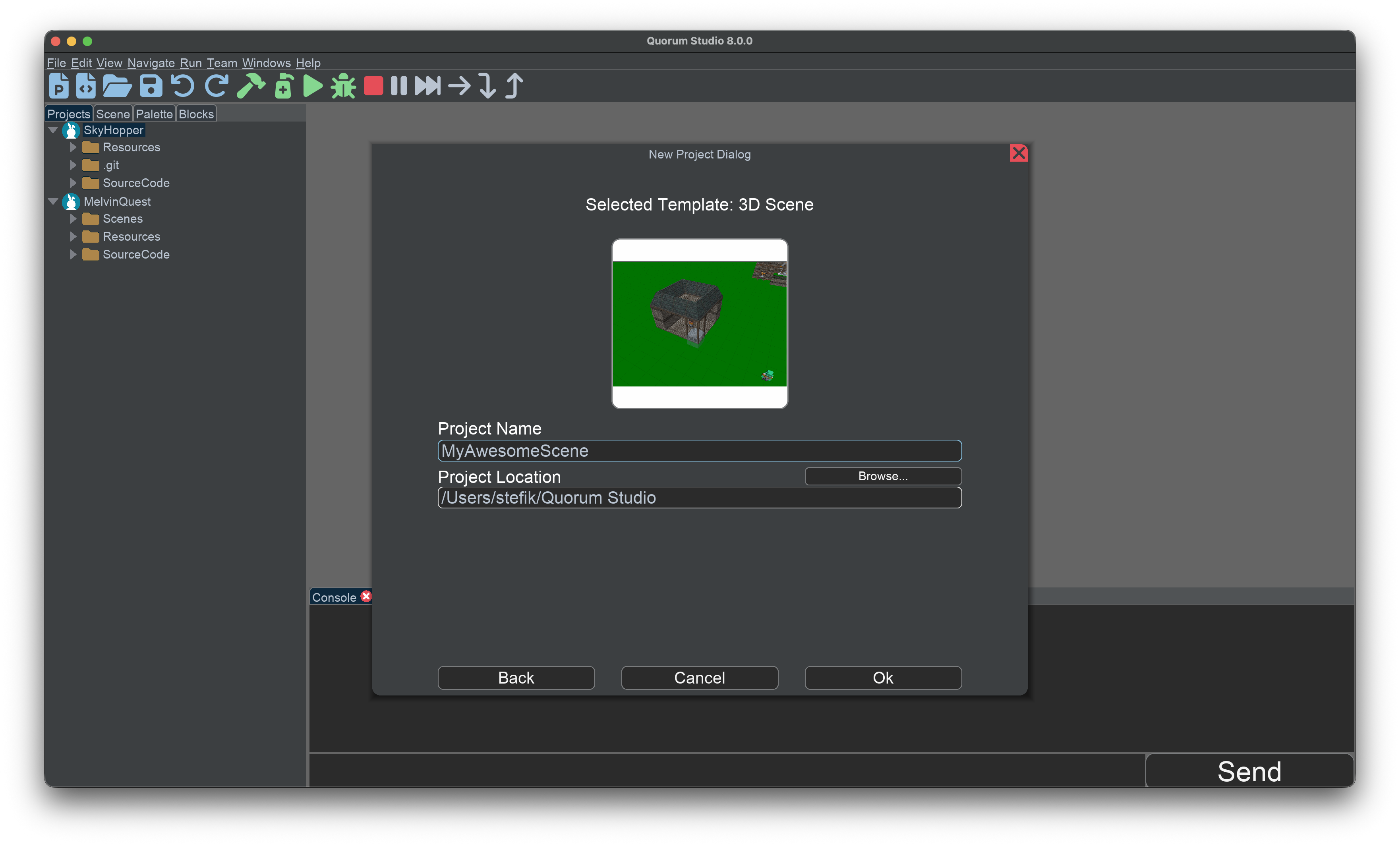 This image is Quorum Studio with a new window open where you can put the name of your project and press ok.