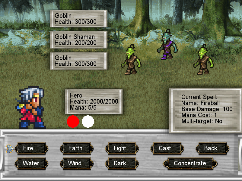 This is an image of the visual aspect of a battle in Arcanium: Magic College. The Hero is selecting which elements to cast in a magical spell against the enemy Goblins.