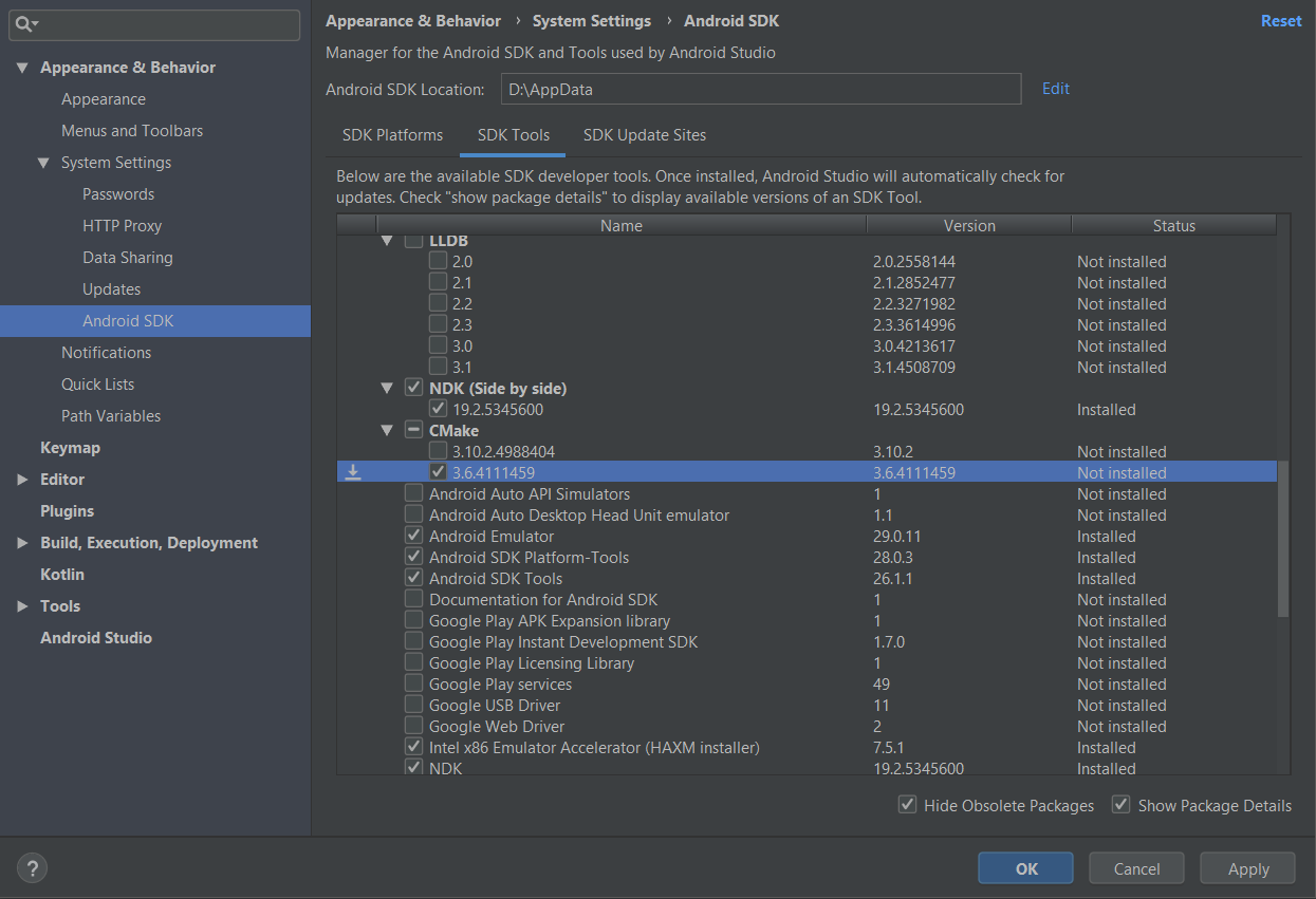 This is an image showing the NDK and CMake boxes.