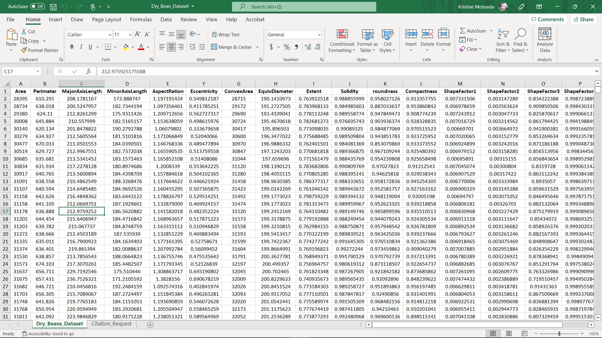 Screenshot of Mircosoft Excel, referencing a Dry Bean Dataset