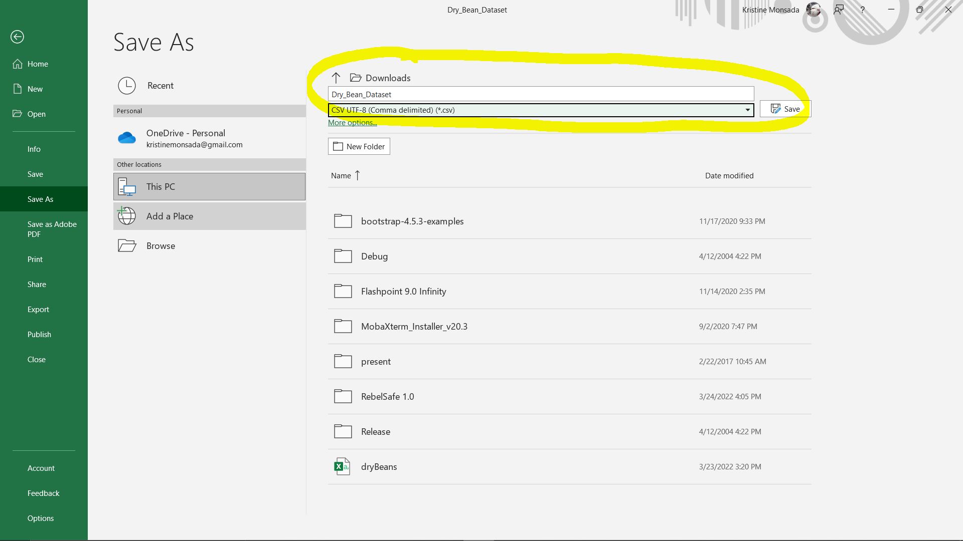 Screenshot of Saving the file from Excel, Save As Page