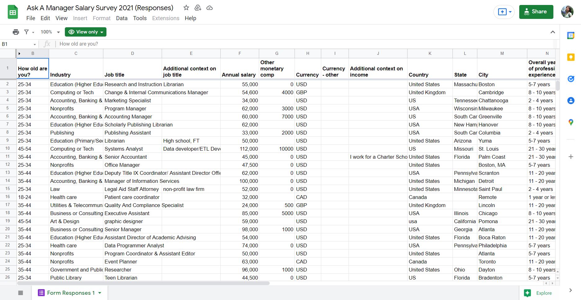 Screenshot of Google Sheets, referencing an AskAManager Dataset