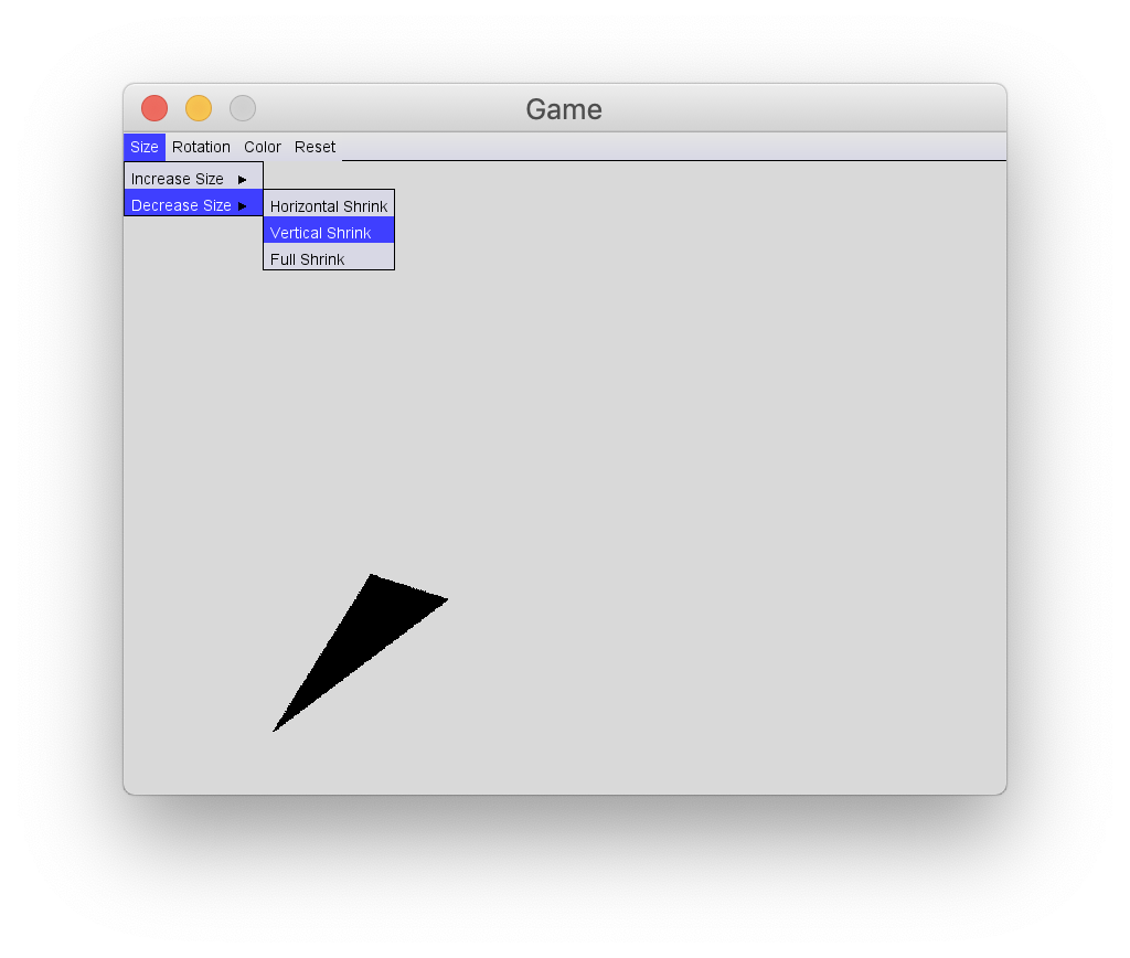 This image shows the final expected Game window with the Decrease Size submenu open