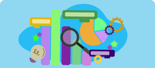 An illustration of graphs, cogs, and programming blocks.