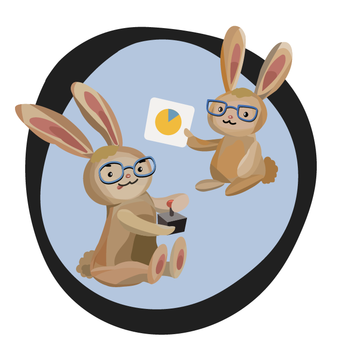 Two cartoon rabbits wearing glasses. The rabbit on the left is holding a game controller, while the rabbit on the right is holding up a paper with a pie chart on it.