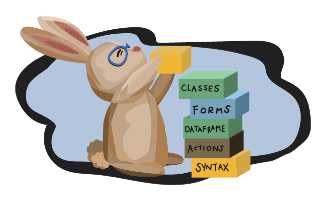 Quincy the bunny stacking books, representing how concepts build on other concepts in computer science