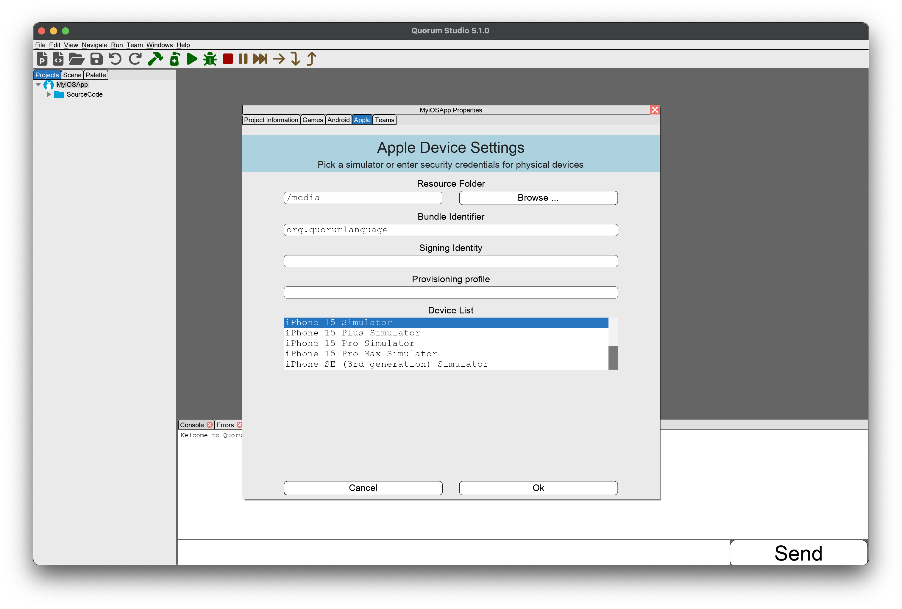 Quorum Studio with the Project Properties Dialog open on the Apple tab. The bundle field reads org.quorumlanguage and an iPhone simulator is selected in the device list.