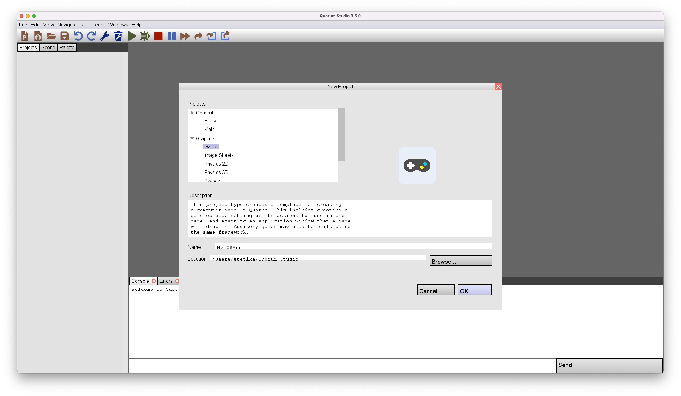 Quorum Studio open with the new project template dialog open with the Game template selected