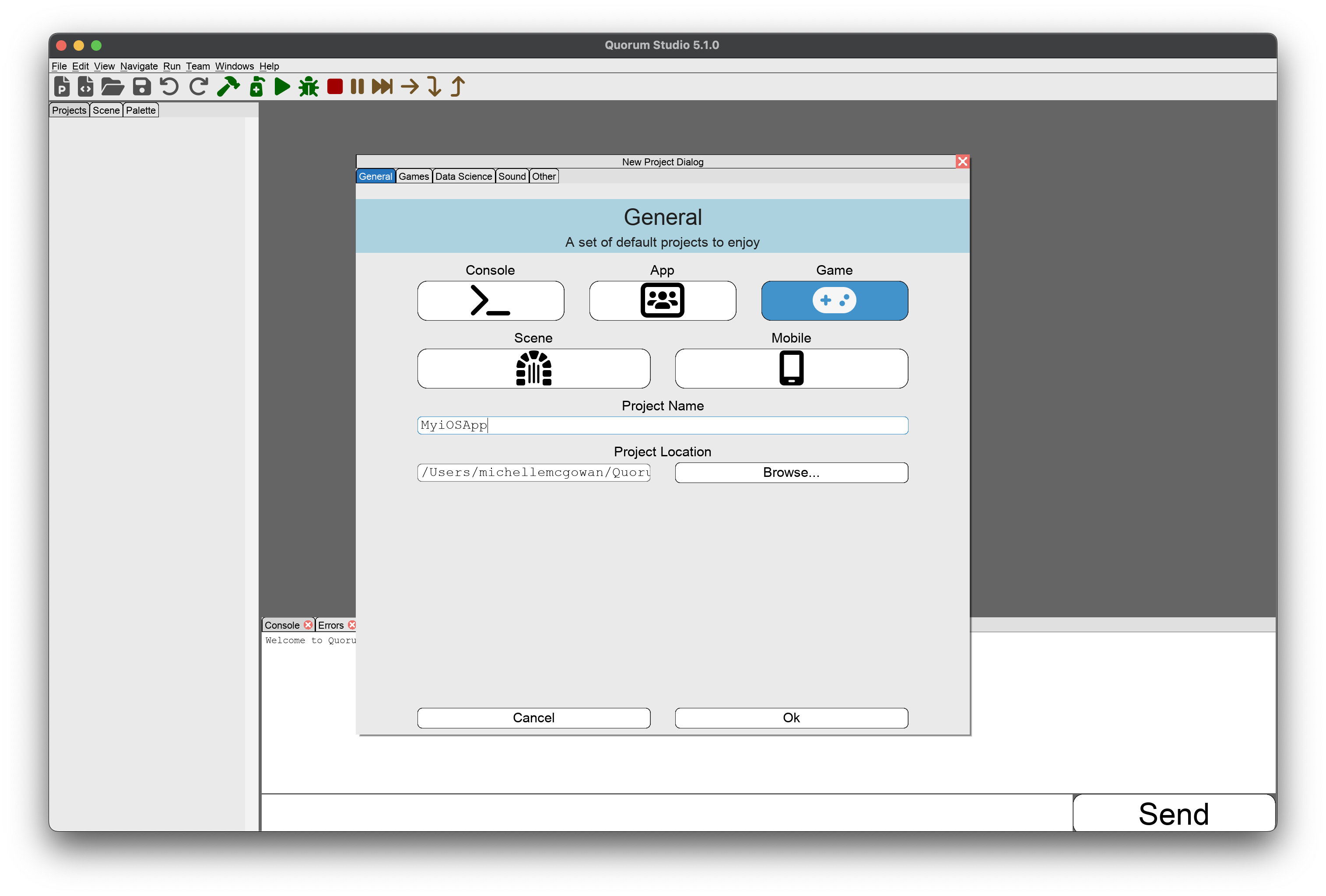 Quorum Studio open with the new project template dialog open with the Game template selected