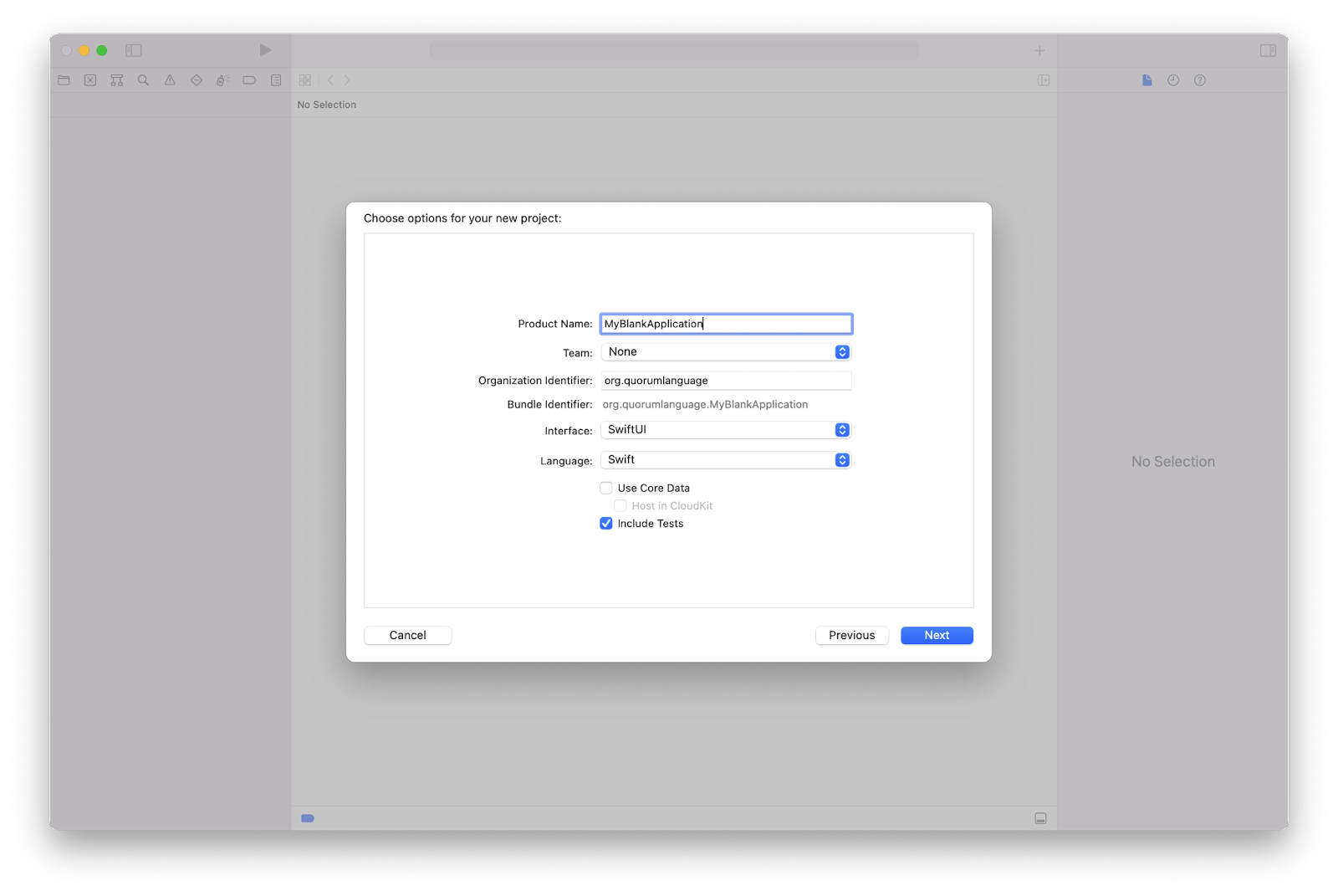 The Xcode Project Options with MyBlankApplication in the Product Name field and org.quorumlanguage in the Organization identifier field.