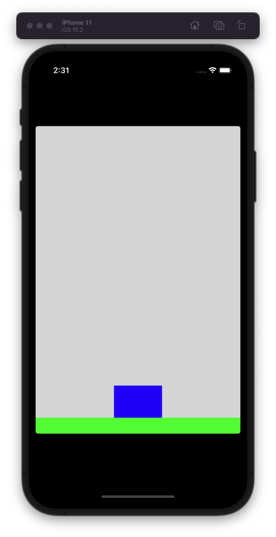 The window of the iOS simulator running a Quorum Game with a Blue box and a green floor