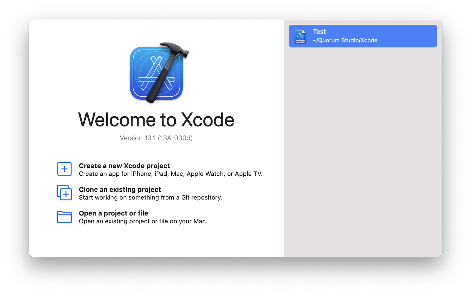 The window for xcode when there is no project open.