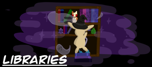 A cute bunny named Quincy picking out a book at the library.